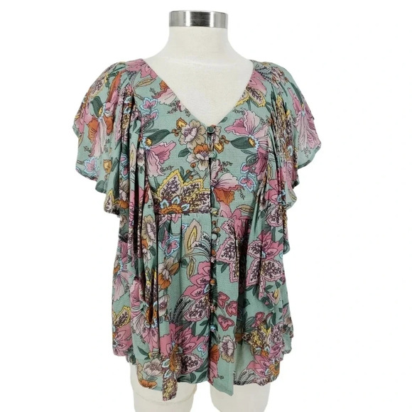 Haute Hippie Tribe Blouse Karen Green Floral Flutter Sleeve Button Up Top - Picture 1 of 10